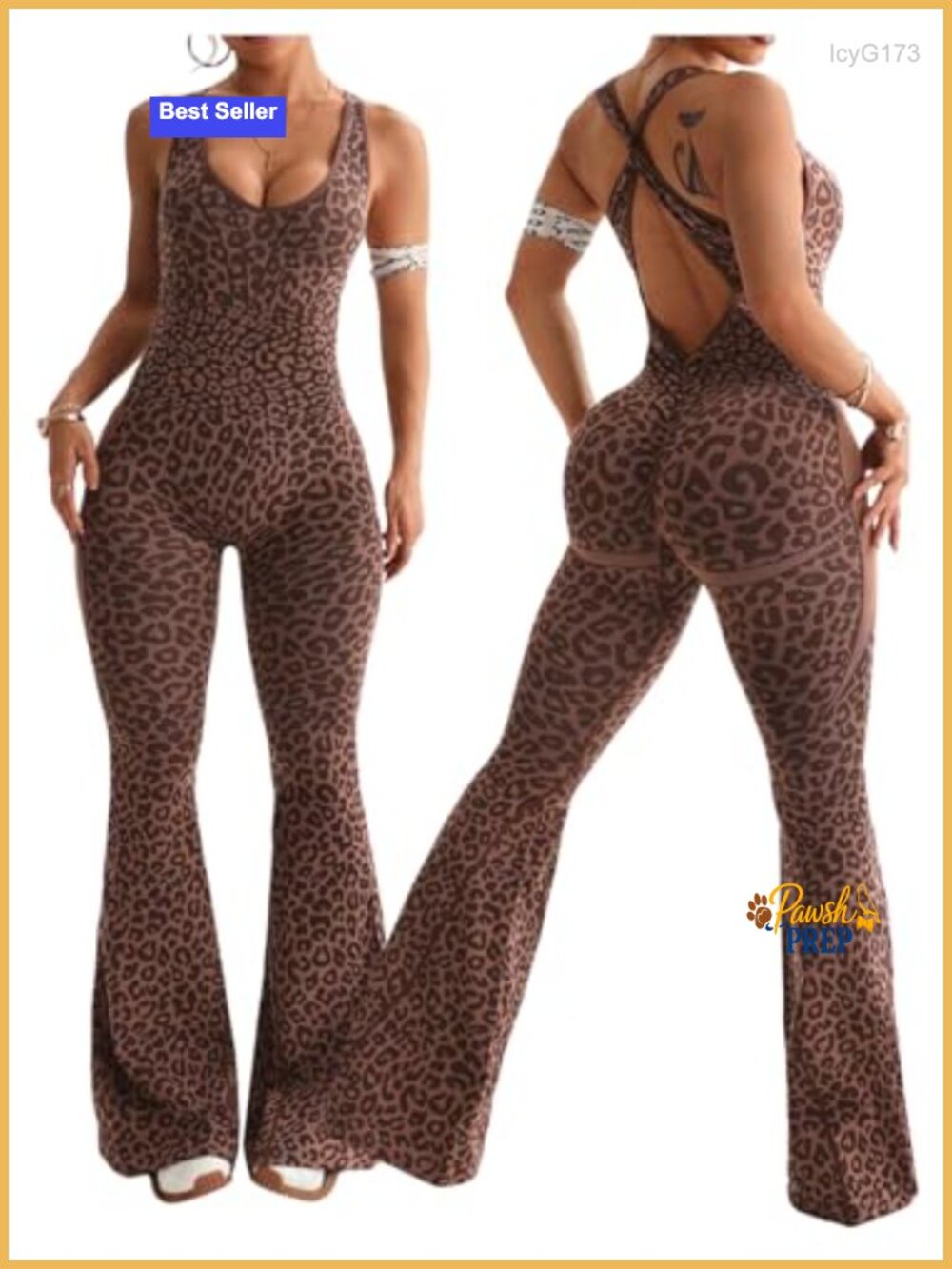 Plus Size Leopard Flare Yoga Jumpsuit Sleeveless Criss Cross Backless Romper